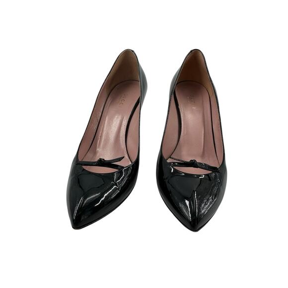 Gucci Black Patent Leather Vernice Crystal Bow Pump 37.5/7.5 Elegant Timeless - Picture 4 of 12